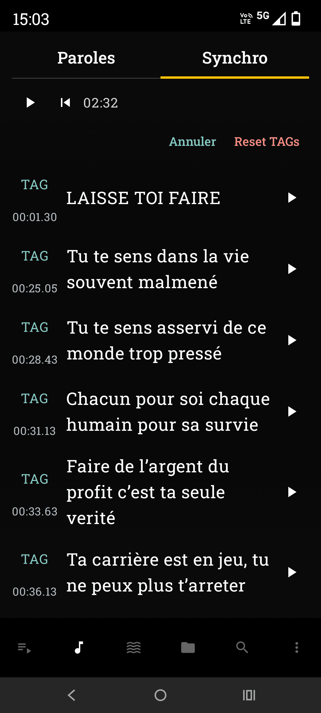 Éditeur de paroles de MusiMio avec onglets de travail
