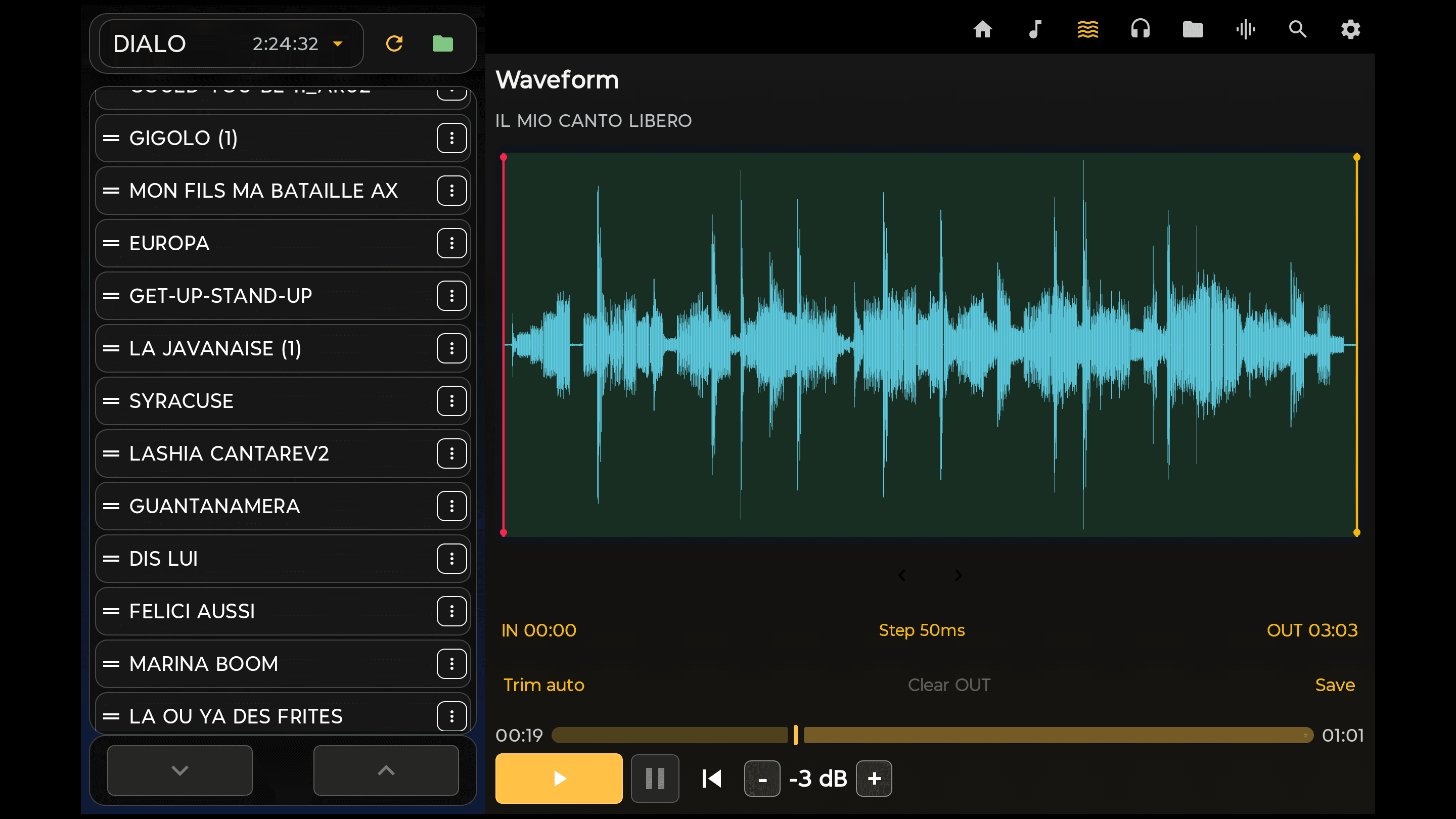 Écran Waveform de MusiMio avec forme d'onde et marqueurs IN et OUT