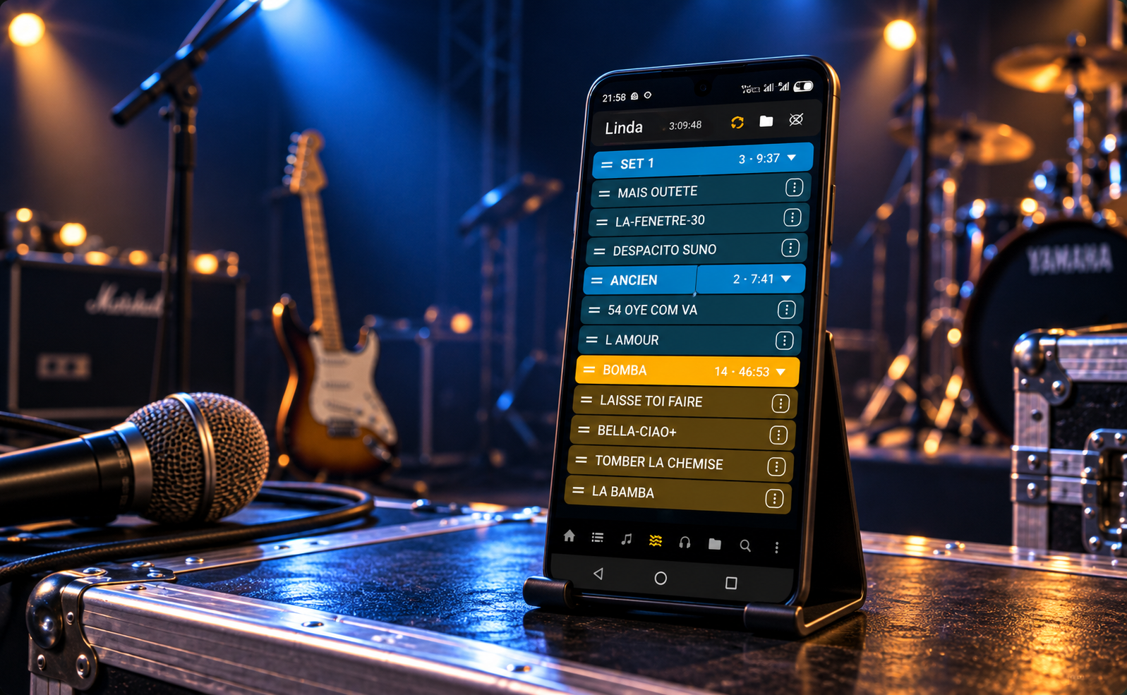 MusiMio sur smartphone avec playlist, prêt à être utilisé sur scène